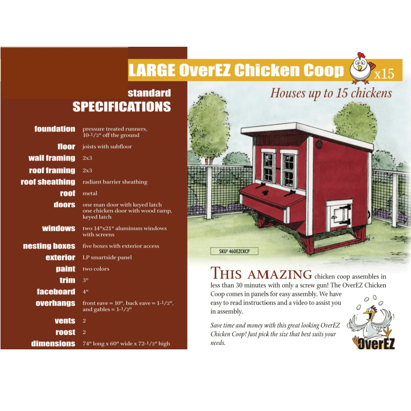 OverEZ Chicken Coop Large Up to 15 Chickens - 3 Optional Colors