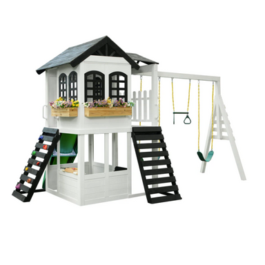 2MamaBees Reign Two Story Swing Set & Climber Black & White Farmhouse Style 1