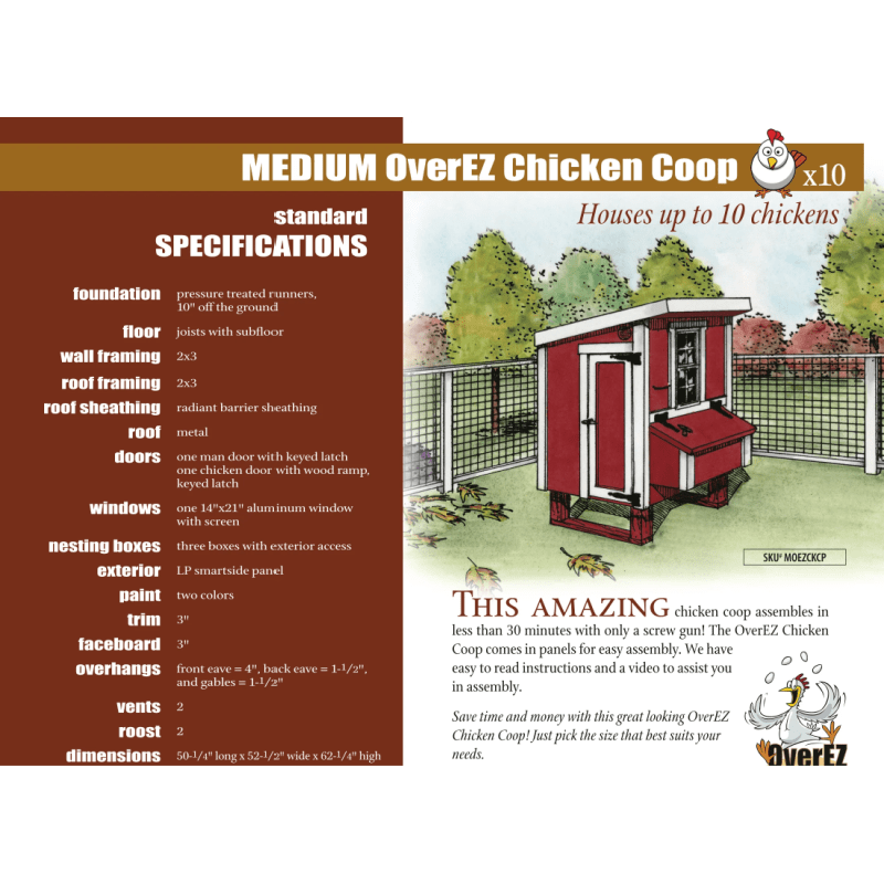 OverEZ Chicken Coop Medium Up to 10 Chickens - 3 Optional Colors